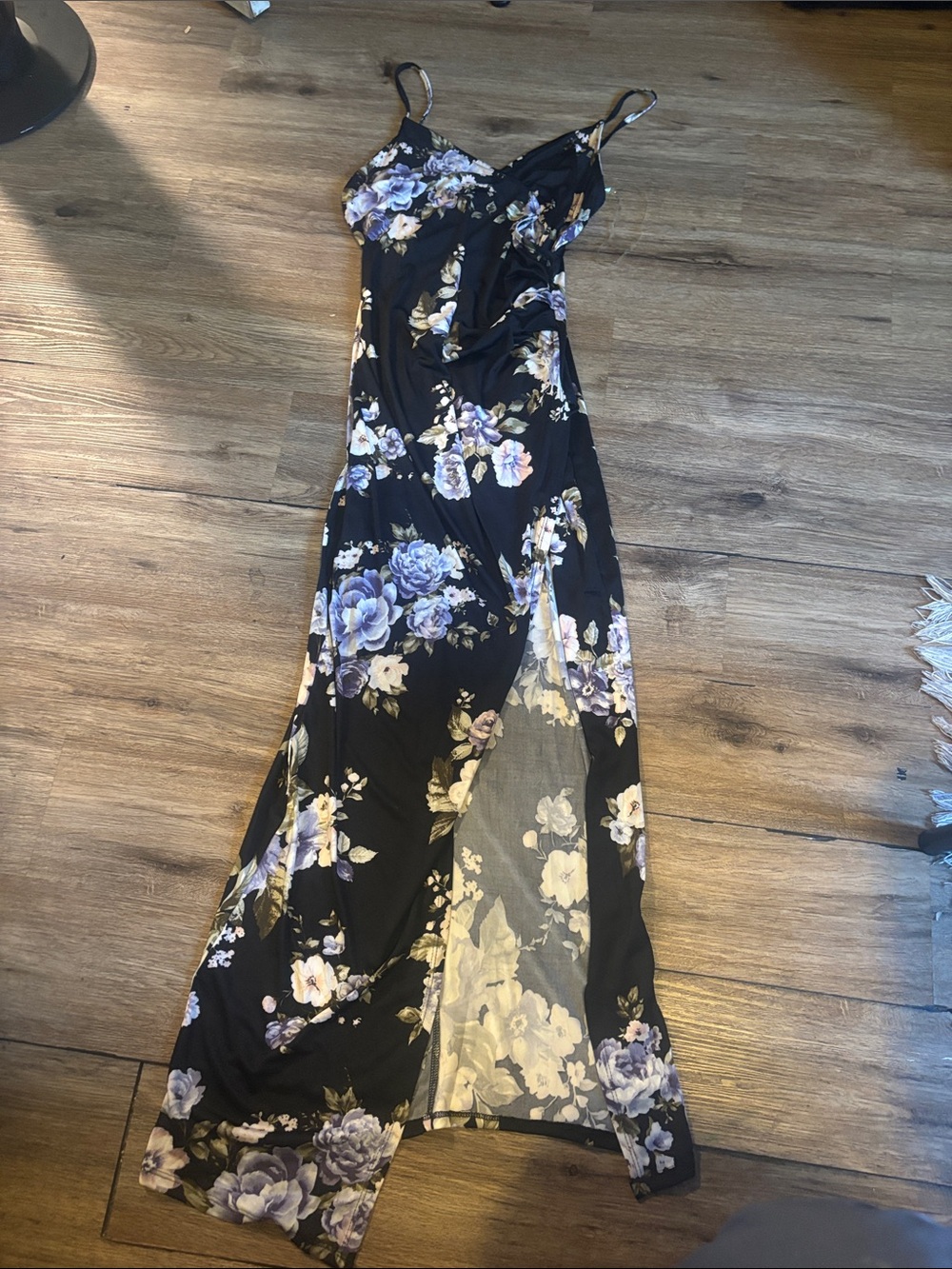 Black Floral Maxi Dress with Lavender and Cream Roses